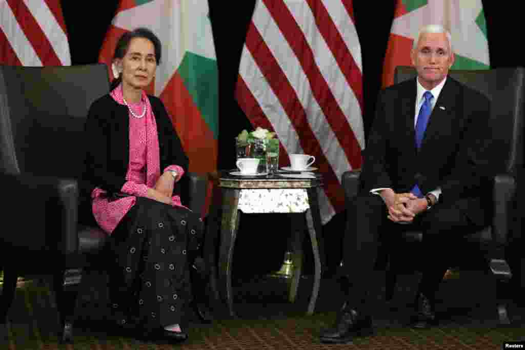 Myanmar&#39;s State Counsellor Aung San Suu Kyi and U.S. Vice President Mike Pence hold a bilateral meeting in Singapore.