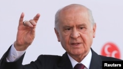 FILE - Devlet Bahceli, leader of the Nationalist Movement Party, is pictured at an election rally in Ankara, Turkey, June 23, 2018.