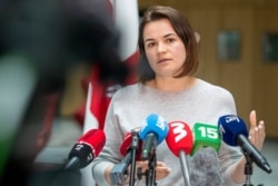 Belarusian opposition leader Sviatlana Tsikhanouskaya speaks during her news conference in Vilnius, Lithuania, May 23, 2021.