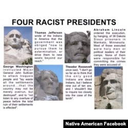 Meme circulating on Facebook accounts of Native Americans, who view the four U.S. presidents carved on the face of Mt. Rushmore as architects of their oppression.
