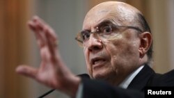 Brazil's Finance Minister Henrique Meirelles gestures during a meeting with businessmen in Porto Alegre, Brazil, March 26, 2018. 