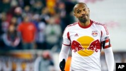 FILE - New York Red Bulls forward Thierry Henry gestures during the second half of the second soccer game of the MLS Eastern Conference final in Foxborough, Mass.