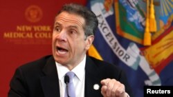 FILE - New York Governor Andrew Cuomo holds a briefing in Valhalla, N.Y., May 7, 2020. 