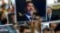 People hold pictures of the late former Egyptian President Mohamed Morsi during a symbolic funeral ceremony, June 18, 2019 at Fatih mosque in Istanbul, Turkey.