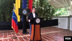 El líder opositor venezolano Juan Guaidó en una conferencia de prensa en el este de Caracas, el 19 de mayo de 2021. Foto: Álvaro Algarra - VOA.