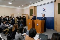 U.S. Special Representative for North Korea Stephen Biegun, second from right, speaks as his South Korean counterpart Lee Do-hoon, right, listens during a media briefing at the foreign ministry in Seoul, South Korea, Monday, Dec. 16, 2019.