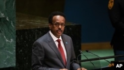 FILE - Somalia's President Mohamed Abdullahi Mohamed addresses the U.N. General Assembly at U.N. headquarters, Sept. 26, 2019, in New York. 
