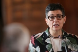 FILE - Spain's Foreign Minister Arancha Gonzalez Laya speaks during a media briefing at San Carlos Palace in Bogota, Colombia, Feb. 26, 2021.