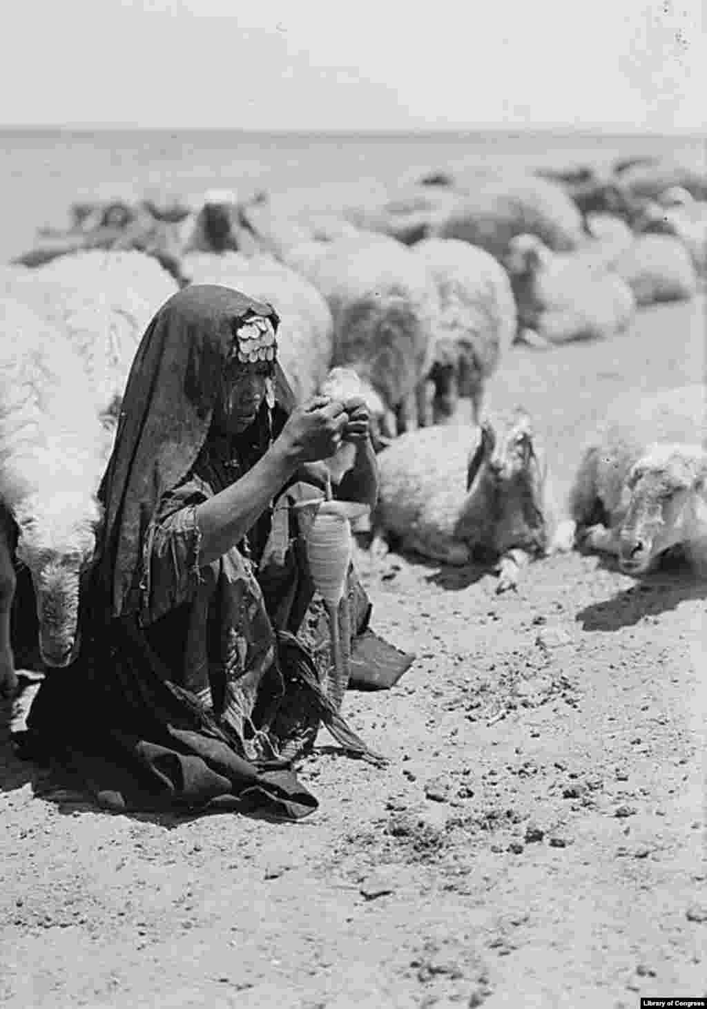 Young Bedouin woman spinning wool, 1932.