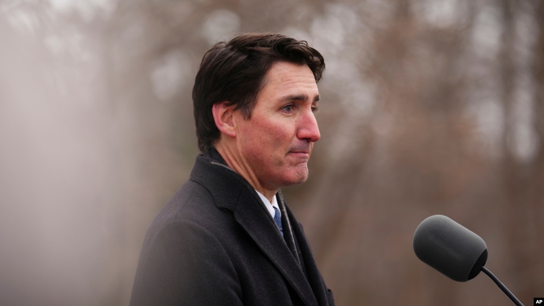 Canada Prime Minister Justin Trudeau announces his resignation as Liberal leader and prime minister outside Rideau Cottage in Ottawa on Jan. 6, 2025. (Sean Kilpatrick/The Canadian Press via AP)