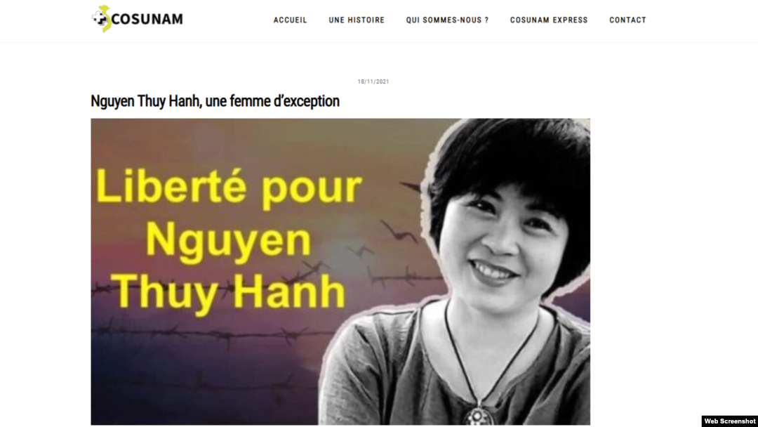 Tổ chức Cosunam kêu gọi trả tự do cho bà Nguyễn Thúy Hạnh. Photo cosunam.ch