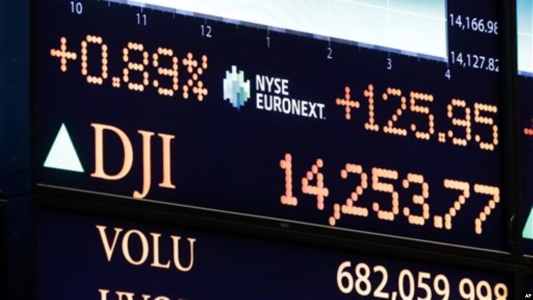 Sebuah papan di Lantai Bursa Saham New York (NYSE) menunjukkan angka Dow Jones yang telah melampaui rekor tahun 2007 (5/3). Rekor sebelumnya tercatat pada tanggal 9 Oktober 2007 dengan indeks 14.164.