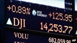 Sebuah papan di Lantai Bursa Saham New York (NYSE) menunjukkan angka Dow Jones yang telah melampaui rekor tahun 2007 (5/3). Rekor sebelumnya tercatat pada tanggal 9 Oktober 2007 dengan indeks 14.164.