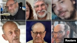 A combination picture shows Alex Dancyg, Yoram Metzger, Yagev Buchshtab, Chaim Peri, Abraham Munder and Nadav Popplewell, who were kidnapped in the Oct. 7 Hamas attack. Courtesy of Bring Them Home Now/The Hostages Families Forum/Handout via REUTERS