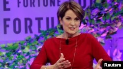 Marillyn Hewson, chairman, president and CEO of Lockheed Martin, speaks at the 2017 Fortune magazine's Most Powerful Women summit in Washington, Oct. 9, 2017. 