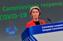 FILE - European Commission President Ursula von der Leyen speaks during a media conference on the Commission's response to COVID-19, at EU headquarters in Brussels, Belgium, March 17, 2021.
