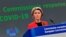 European Commission President Ursula von der Leyen speaks during a media conference on the Commission's response to COVID-19, at EU headquarters in Brussels, Belgium, March 17, 2021.