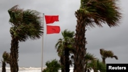 FILE - A red warning flag flies as palm trees sway in the wind as Hurricane Sally approaches in Gulf Shores, Alabama, U.S., September 15, 2020. (REUTERS/Jonathan Bachman)