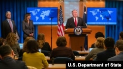 마이크 폼페오 미국 국무장관이 지난 3월 워싱턴 국무부 청사에서 '2019 국가별 인권보고서'를 발표했다. 사진 제공: U.S. Department of State.