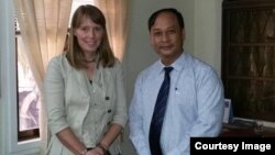 UN Special Rapporteur on the situation of human rights in Cambodia, Rhona Smith and Nay Vongda deputy head of investigation at the rights group Adhoc at the UN Human Rights office on March 21, 2016. (Courtesy Image of Nai Vongda)