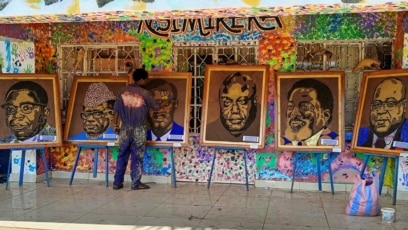 Congolese Artist Paints Politicians' Pictures with Plastic Waste