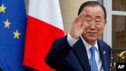 United Nations Secretary-General Ban Ki-moon, after a working lunch with French President Francois Hollande at the Elysee Palace in Paris, Aug. 25, 2015.