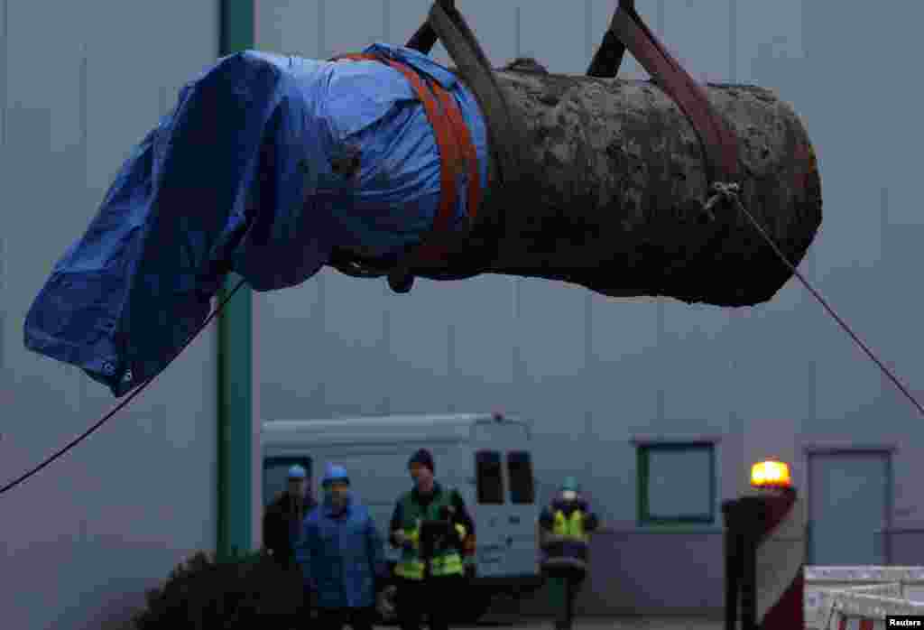 A World War II 1.8-ton HC bomb is pictured after being successfully defused in Dortmund, Germany. Some 20,000 people within a 1.5-km (0.93-mile) radius of the site where the unexploded ordnance was discovered via aerial photography last week, were evacuated to enable the bomb disposal.