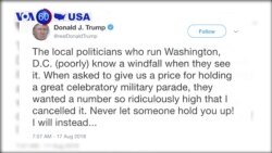 VOA60 America - President Donald Trump tweets his military parade planned for November has been "canceled"