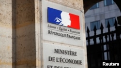 FILE - The logo of the Bercy Finance Ministry is seen at the main entrance of the ministry in Paris, Oct. 28, 2019. 