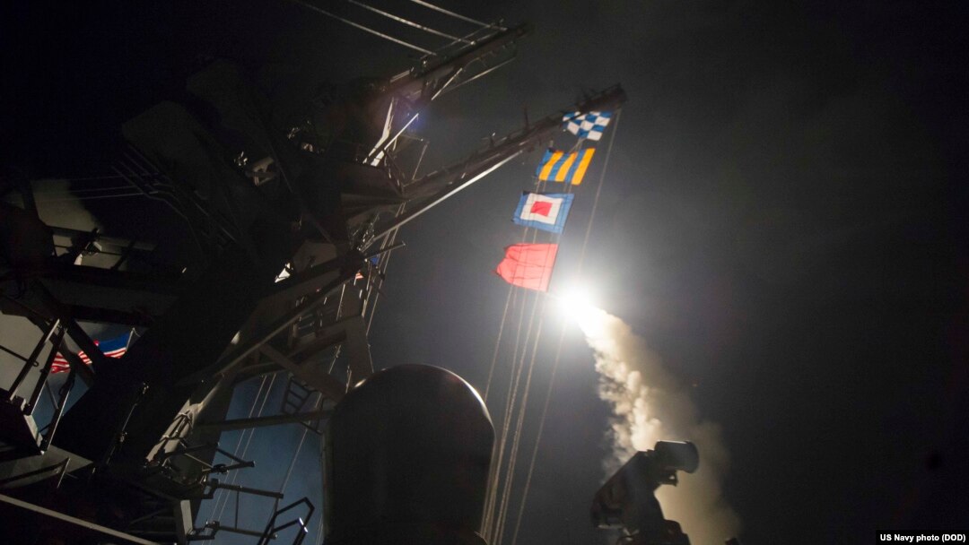 USS Ross fires a Tomahawk land attack missile, April 7, 2017. USS Ross, an Arleigh Burke-class guided-missile destroyer, is conducting naval operations in the U.S. 6th Fleet area of operations in support of U.S. national security interests in Europe and Africa.