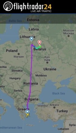 A still image shows a flight path of Ryanair FR4978 on May 23, 2021 on its way from Athens, Greece to Lithuanian capital Vilnius and diverted to Minsk, Belarus. (Courtesy: FLIGHTRADAR24.COM/Handout)