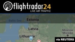 全球航班追踪应用程式Flightradar24(航班雷达24小时)提供的截屏显示，2021年5月23日，瑞安航空(Ryanair)的FR4978班机从希腊的雅典飞往立陶宛首都维尔纽斯(Vilnius)途中转飞白俄罗斯的明斯克。