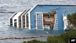 Collapsed skylight of grounded cruise ship Costa Concordia, Italy, Feb. 1, 2012.