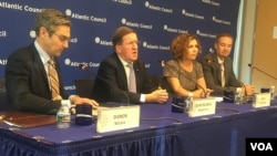 L to R: Executive Vice President Damon Wilson of Programs and Strategy, Atlantic Council, Former Secretary General of NATO Rt. Hon. Lord George Robertson of Port Ellen, VOA Macedonian Service Chief Lilica Kitanovska and former Deputy Assistant Secretary of Defense, Dr. Michael Carpenter 