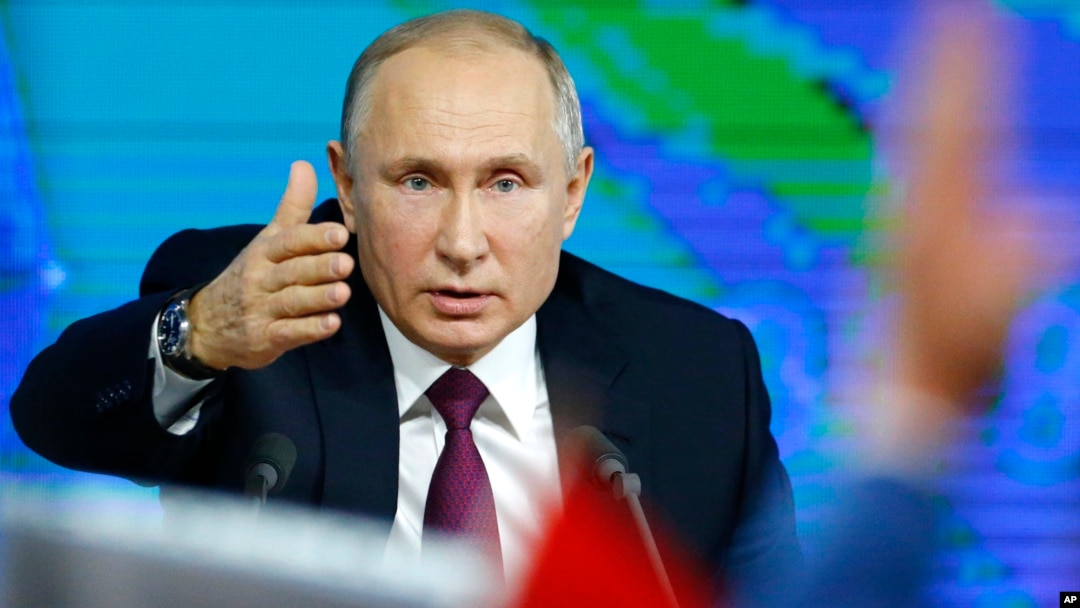 Russian President Vladimir holds his annual news conference in Moscow, Russia, Dec. 20, 2018. 