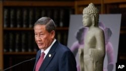 FILE - Cambodian ambassador to the United States Keo Chhea speaks during a news conference in New York, Aug. 8, 2022. 