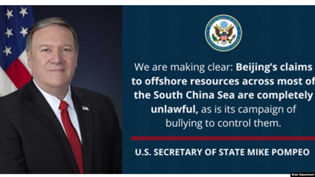 Tuyên bố về Biển Đông của Ngoại Trưởng Hoa Kỳ Mike Pompeo hôm 13/07/2020. Photo US Department of State.