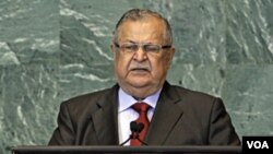 Presiden Irak, Jalal Talabani saat memberikan pidato di depan Majelis Umum PBB, Jumat (23/9).