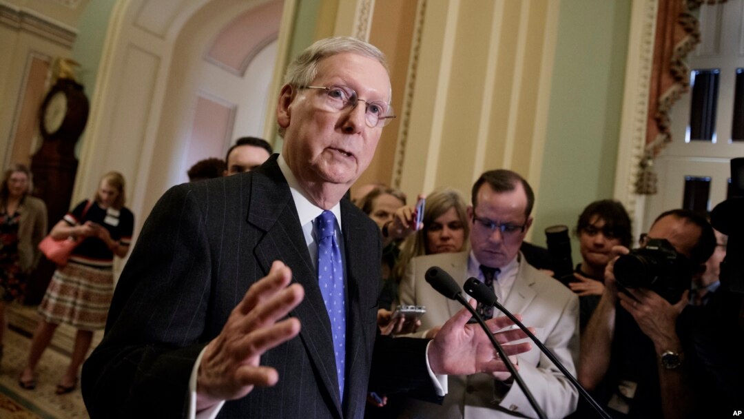 FILE - Senate Majority Leader Mitch McConnell of Kentucky speaks to reporters on Capitol Hill, April 4, 2017. He says "everybody's at the table" for discussion on the Senate health care bill.
