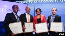 (L to R): Abdulaziz Osman, Negussie Mengesha (VOA Africa Division Director), Salem Solomon, and Nicolas Pinault, August 29, 2017. 