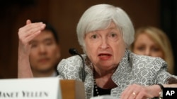 FILE - Federal Reserve Chair Janet Yellen testifies on Capitol Hill in Washington, July 13, 2017, before the Senate Banking Committee. 