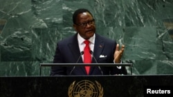 FILE - Lazarus McCarthy Chakwera, president of the Republic of Malawi, addresses the 79th United Nations General Assembly at United Nations headquarters in New York, Sept. 26, 2024. 