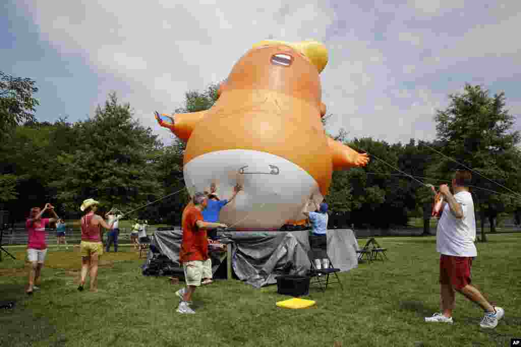 Para pengunjuk rasa memindahkan balon bayi Trump sebelum perayaan Hari Kemerdekaan AS, di National Mall, Washington, Kamis, 4 Juli 2019. (Foto: AP)