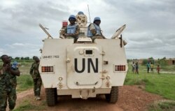 FILE - Peacekeepers from the United Nations Mission in South Sudan (UNMISS) provide security in Bentiu, South Sudan, June 18, 2017.