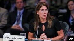 FILE - Then-Congresswoman Mary Bono speaks at the National Governors Association Summer meeting in White Sulphur Springs, W. Va., Saturday, July 25, 2015.