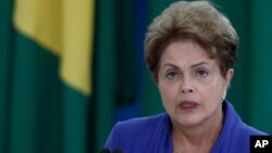 Brazil’s President Dilma Rousseff, speaks during ceremony to introduce an anti-corruption package to Congress in the wake of mass protests calling for an end to graft and her impeachment, at the Planalto Presidential Palace in Brasilia, March 18, 2015.