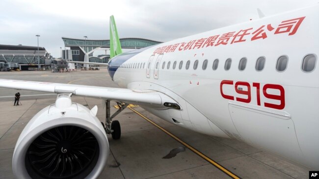 FILE - The Chinese-made C919 is displayed at Hong Kong International Airport in Hong Kong on Dec. 13, 2023.