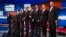 FILE - Republican presidential candidates from left, Chris Christie, Marco Rubio, Ben Carson, Scott Walker, Donald Trump, Jeb Bush, Mike Huckabee, Ted Cruz, Rand Paul, and John Kasich, Quicken Loans Arena, Cleveland, Ohio.