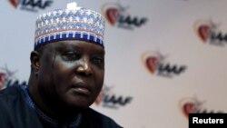 Hamad Kalkaba Malboum, President of the Confederation of African Athletics, attends a press conference as part of the International Association of Athletics Federations council meeting in Monaco, Feb. 6, 2017.