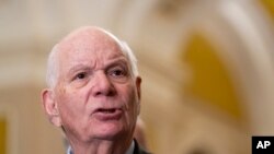 FILE - Sen. Ben Cardin, D-Md., speaks to media after a Senate Democratic policy luncheon, Oct. 24, 2023, on Capitol Hill in Washington.